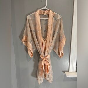 Vintage Intimates Sheer Floral Satin Robe and Lingerie Slip Dress Medium retro